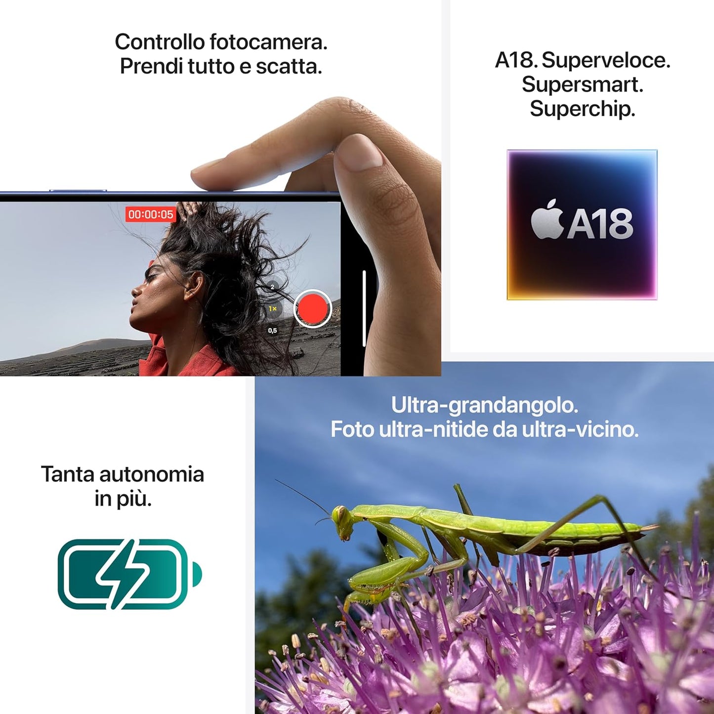 iPhone 16 Telefono 5G con Controllo fotocamera, chip A18; Azzurro