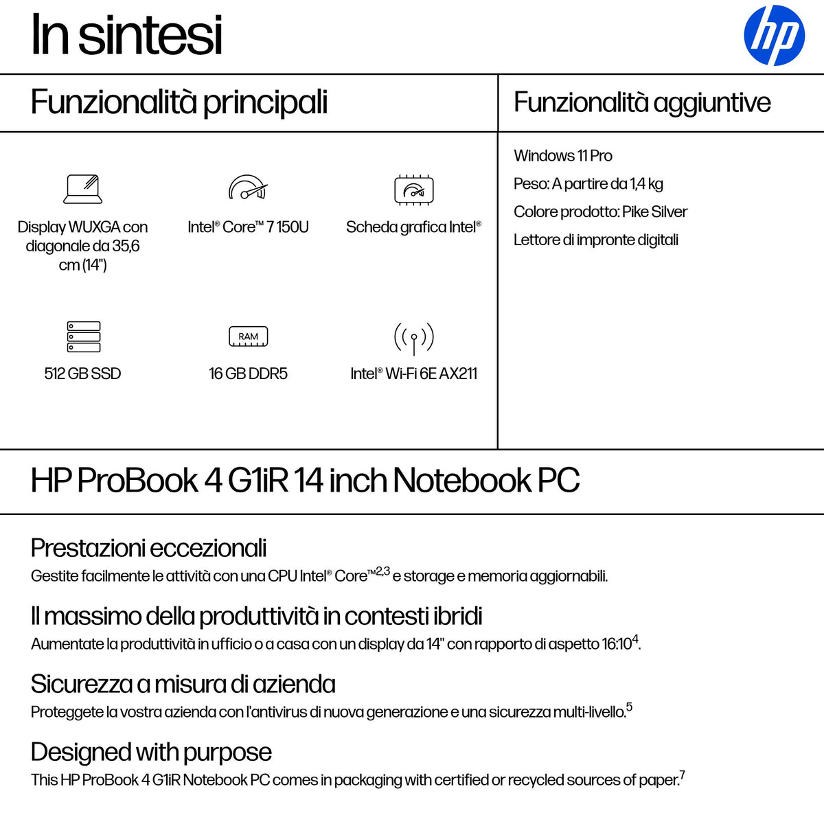 HP ProBook 4 G1iR 14" Core 7 150U – dettaglio
